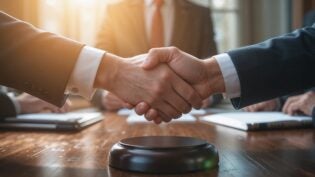 Two professionals shaking hands across a table signifies an out of court settlement in a formal setting.