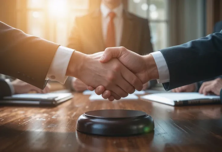 Two professionals shaking hands across a table signifies an out of court settlement in a formal setting.