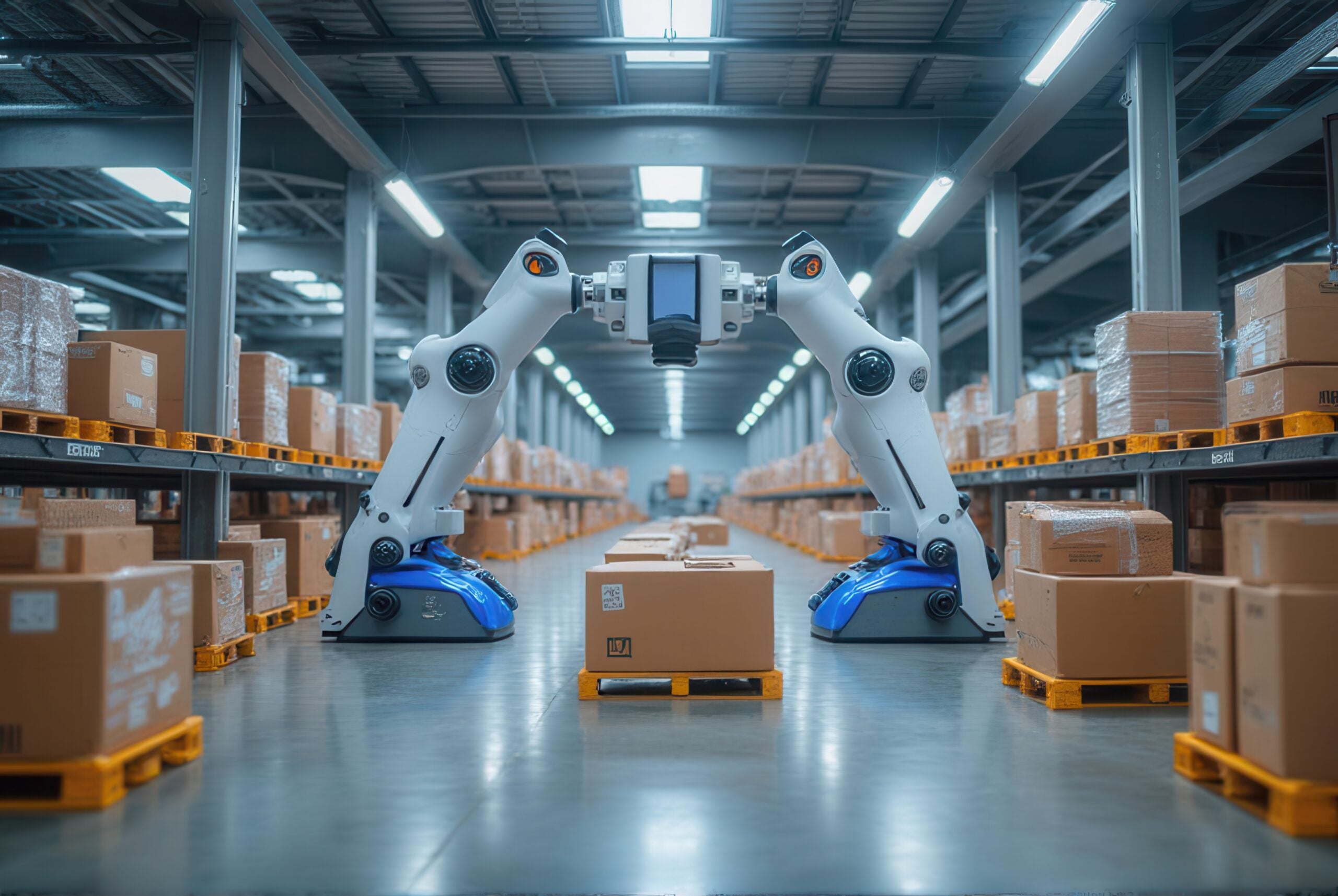 A modern warehouse featuring robotic arms managing packages on pallets, highlighting automation in logistics.