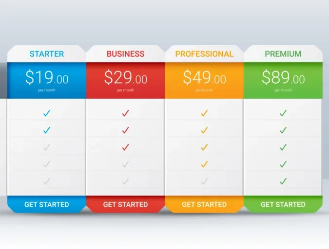 Price comparison table layout template for four products