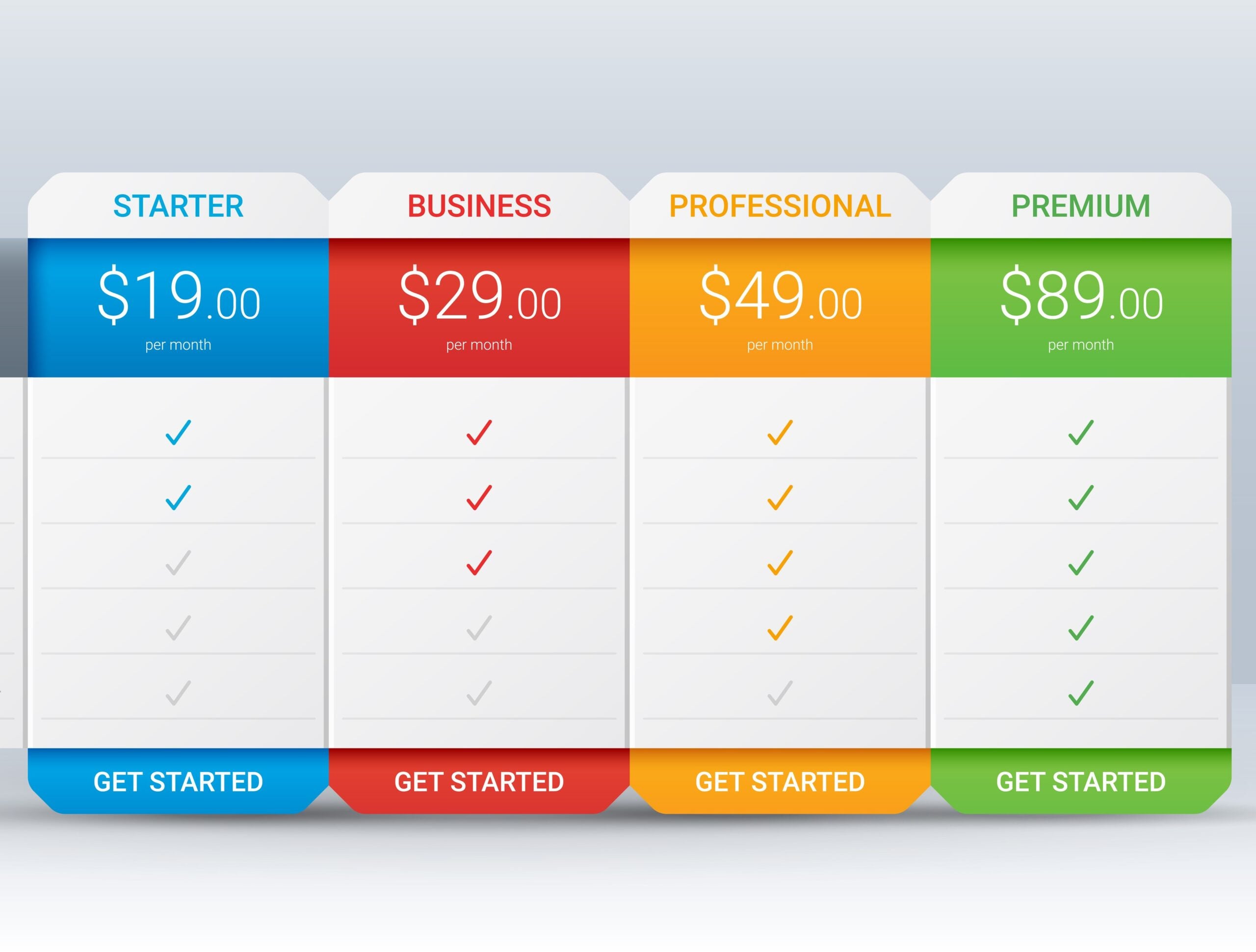 Price comparison table layout template for four products