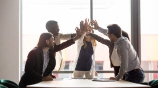 diverse group of businesspeople workmates celebrating common success gathered in board room