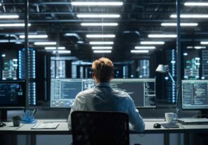 man sitting at large computer terminal