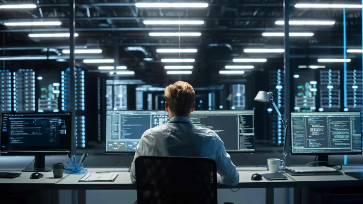 man sitting at large computer terminal