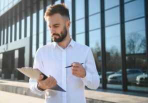 Male Realtor Standing Outside Residential Property Holding Keys
