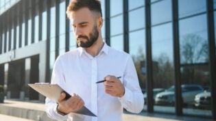 Male Realtor Standing Outside Residential Property Holding Keys