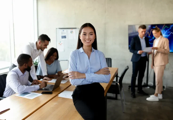 asian businesswoman standing in office, posing during corporate meeting in boardroom, korean female employee leaning on desk, standing with folded arms and smiling