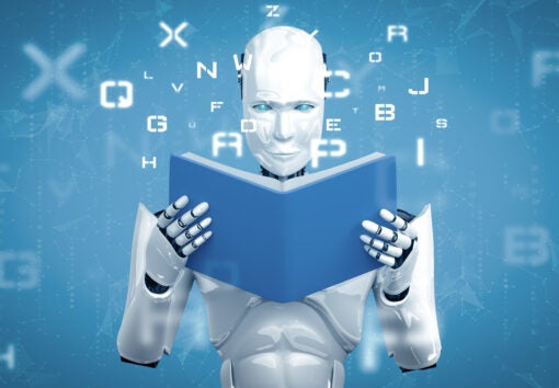 XAI 3D illustration of robot humanoid reading book