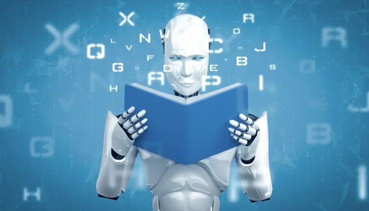 XAI 3D illustration of robot humanoid reading book