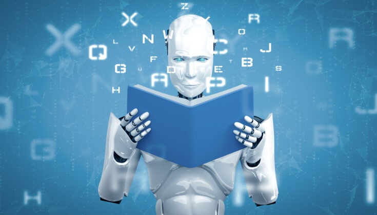 XAI 3D illustration of robot humanoid reading book
