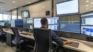 High-tech workspace showcasing multiple screens, ideal for understanding what is federated search and its role in accessing diverse data sources