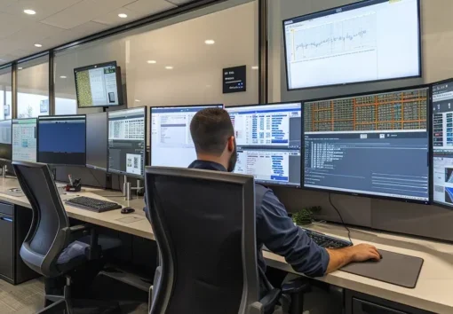 High-tech workspace showcasing multiple screens, ideal for understanding what is federated search and its role in accessing diverse data sources