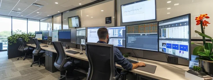 High-tech workspace showcasing multiple screens, ideal for understanding what is federated search and its role in accessing diverse data sources