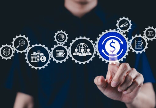 Automated Financial System concept. Automation featuring interconnected gears with various financial symbols, including a dollar icon, charts, and tools. Payroll Management and Financial Workflow,