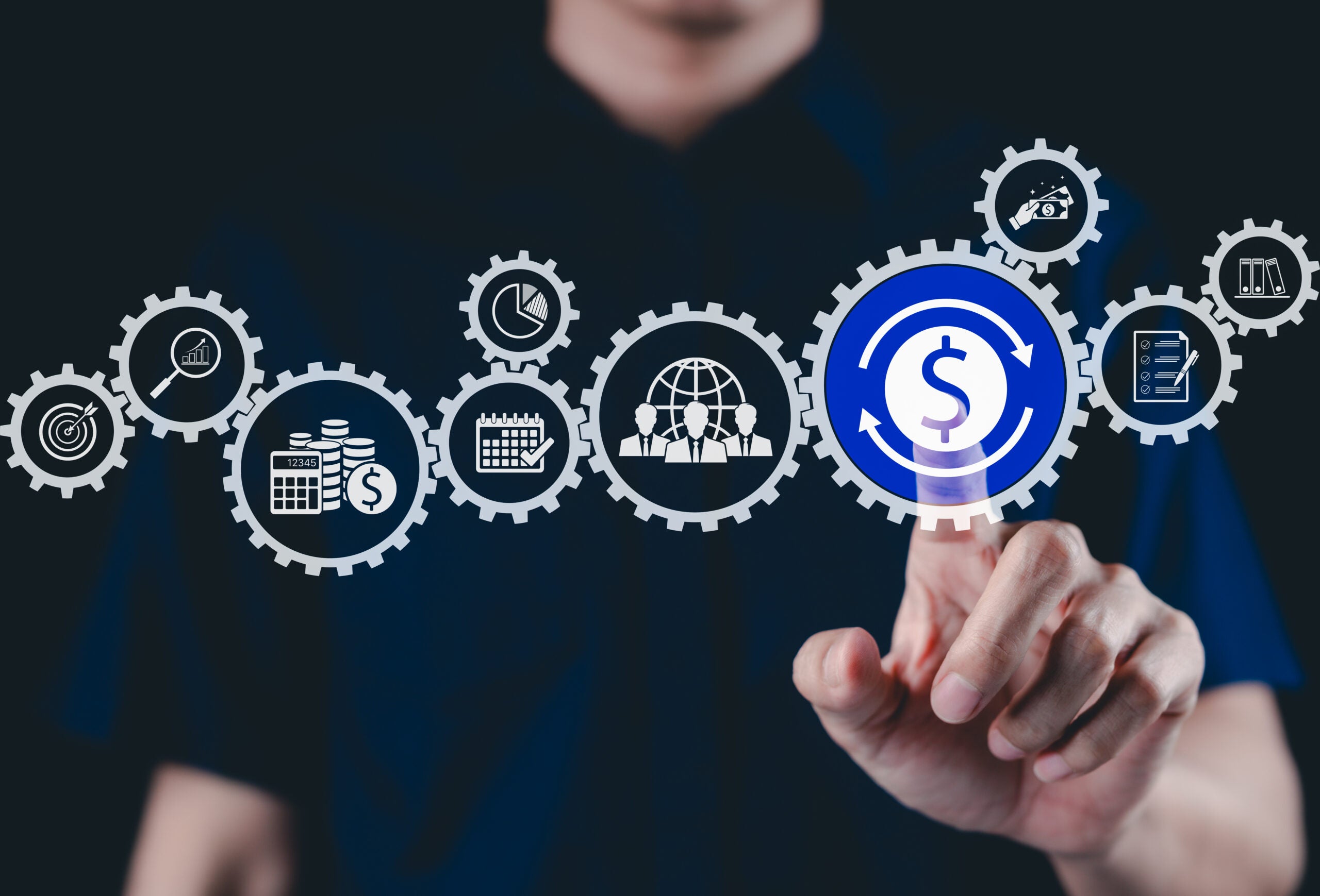 Automated Financial System concept. Automation featuring interconnected gears with various financial symbols, including a dollar icon, charts, and tools. Payroll Management and Financial Workflow, Automated Financial System concept. Automation featuring interconnected gears with various financial symbols, including a dollar icon, charts, and tools. Payroll Management and Financial Workflow,