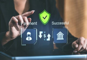 Digital payment interface with a person interacting with a screen displaying secure payment details, shield icon, and success on a blurred background