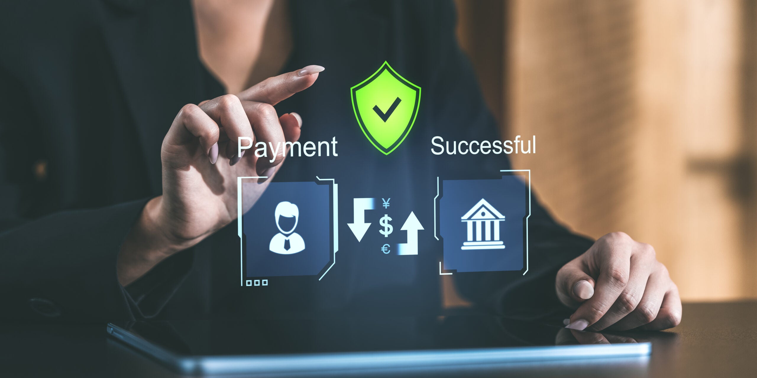 Digital payment interface Digital payment interface with a person interacting with a screen displaying secure payment details, shield icon, and success on a blurred background
