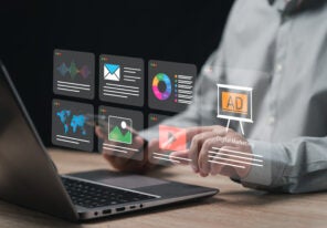 Digital marketing management concept, Businessman online sales planning digital marketing, ad, product ads, promotion of products, Ratting check, Analyzing market digital tools online advertising