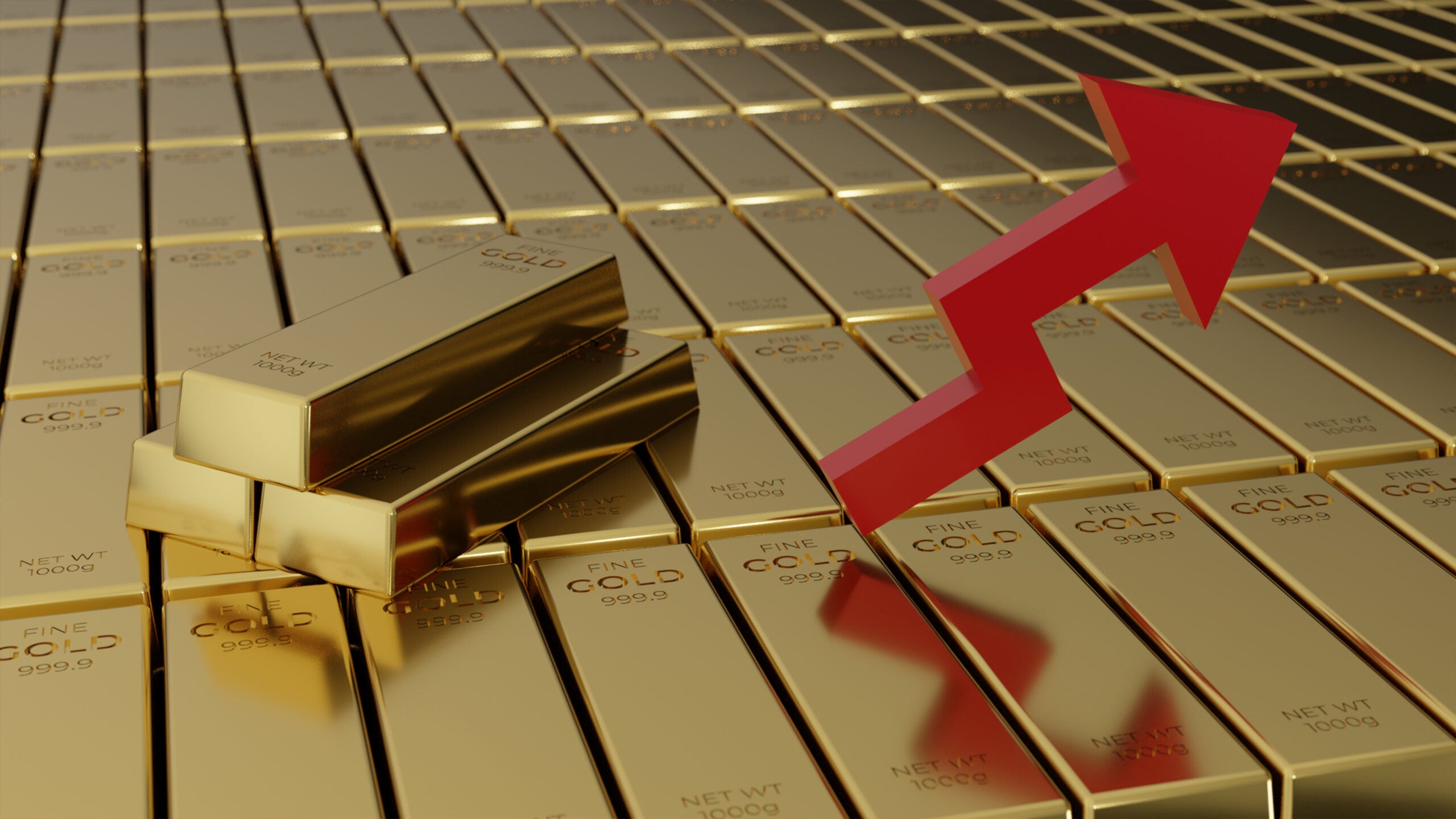 gold investment, gold bars with an up arrow indicate the gold price is rising, 3D Render Illustration gold investment,