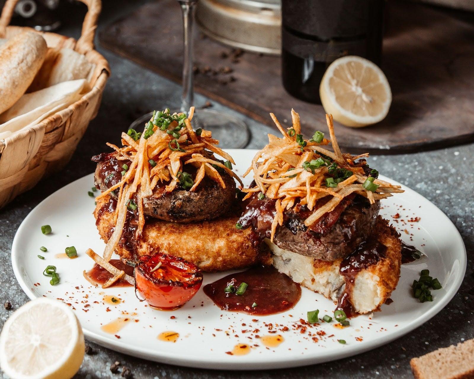 unnamed Garnished hamburger on white plate