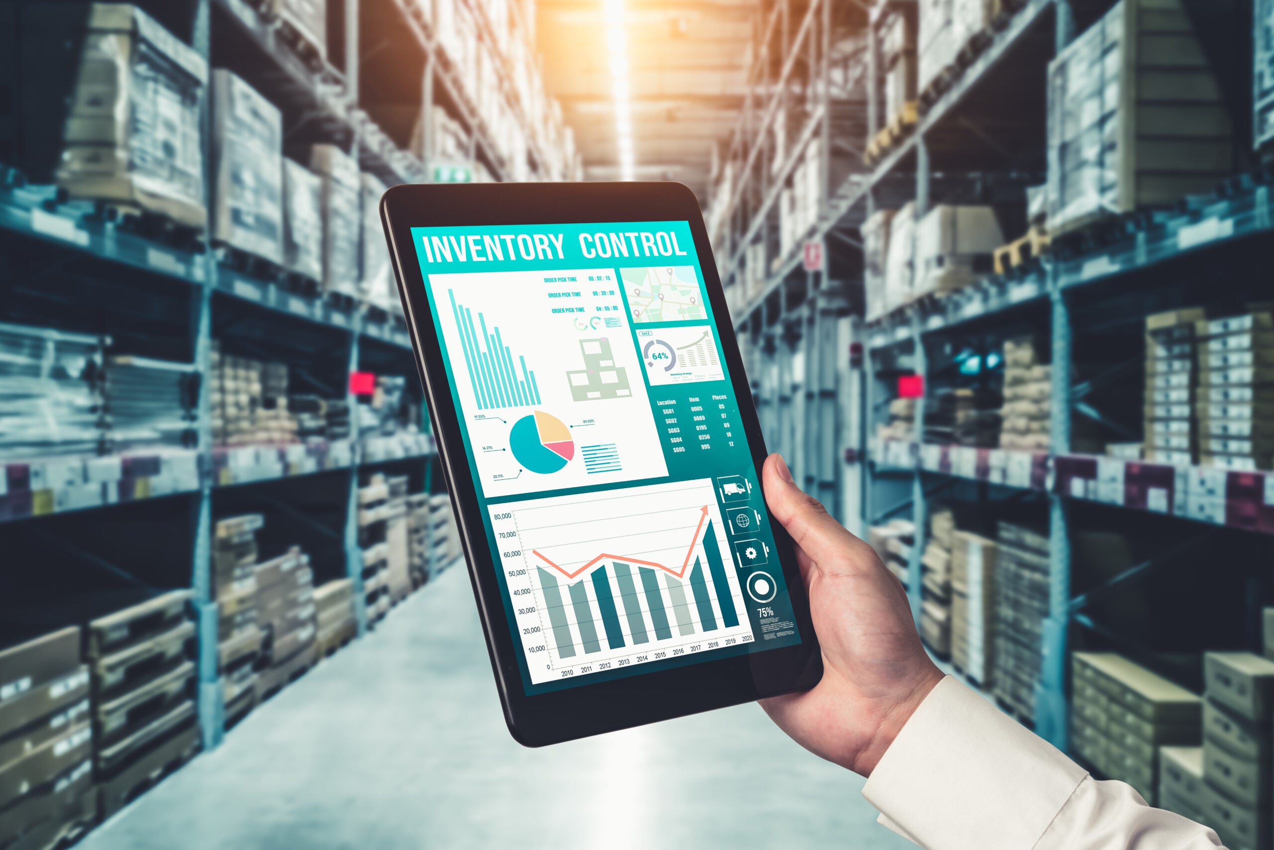Warehouse management innovative software in computer for real time monitoring Warehouse management innovative software in computer for real time monitoring of goods package delivery . Computer screen showing smart inventory dashboard for storage and supply chain distribution .