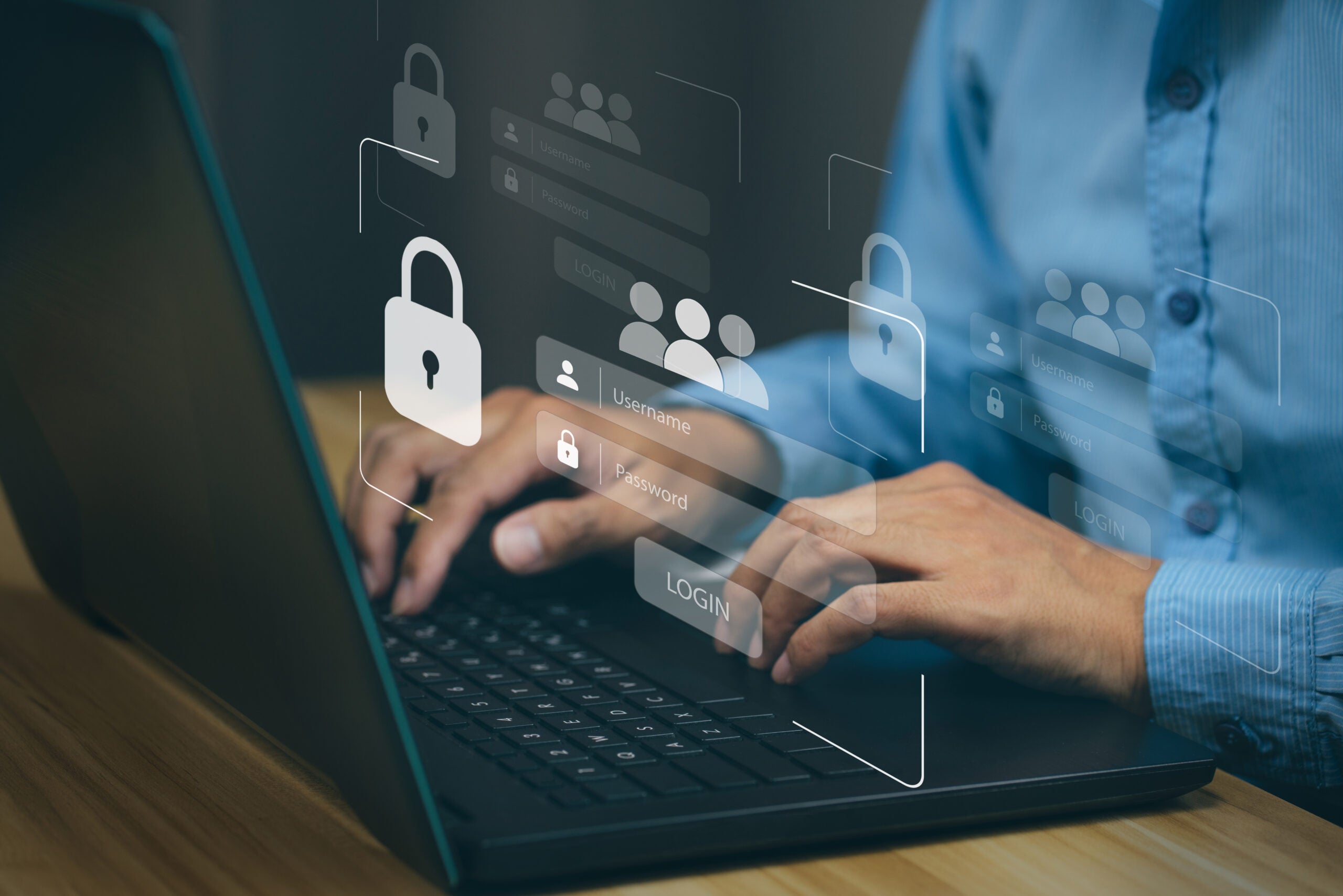 Businessmen protecting personal data on laptop and virtual inter Businessmen protecting personal data on laptop and virtual inter