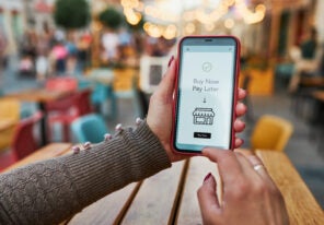 BNPL Buy now pay later online shopping service on smartphone. Online shopping. Paying after delivery. Complete the payment after purchase at no added cost. Payment after credit check. Easy way to shop online. Afterpay service