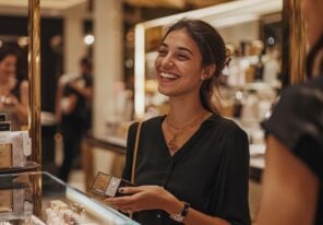 A happy customer enjoying a members-only event in a luxury store, with personalized gifts and attentive staff, showcasing the exclusive and valued experience of membership