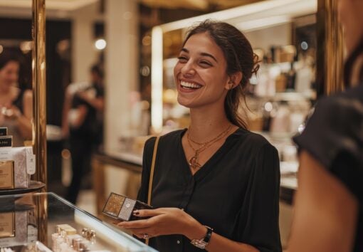 A happy customer enjoying a members-only event in a luxury store, with personalized gifts and attentive staff, showcasing the exclusive and valued experience of membership
