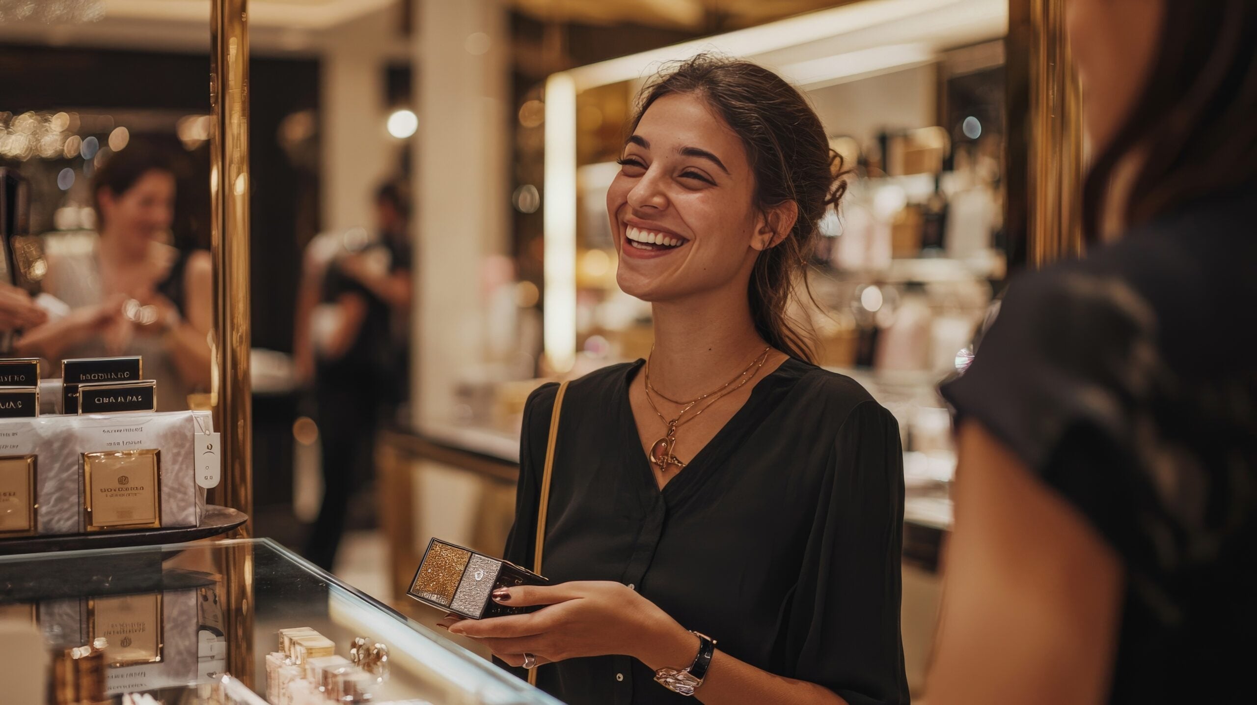 A happy customer enjoying a members-only event in a luxury store, with personalized gifts and attentive staff, showcasing the exclusive and valued experience of membership A happy customer enjoying a members-only event in a luxury store, with personalized gifts and attentive staff, showcasing the exclusive and valued experience of membership