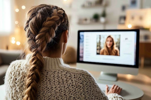 Back of woman at desk looking at another woman on video screen